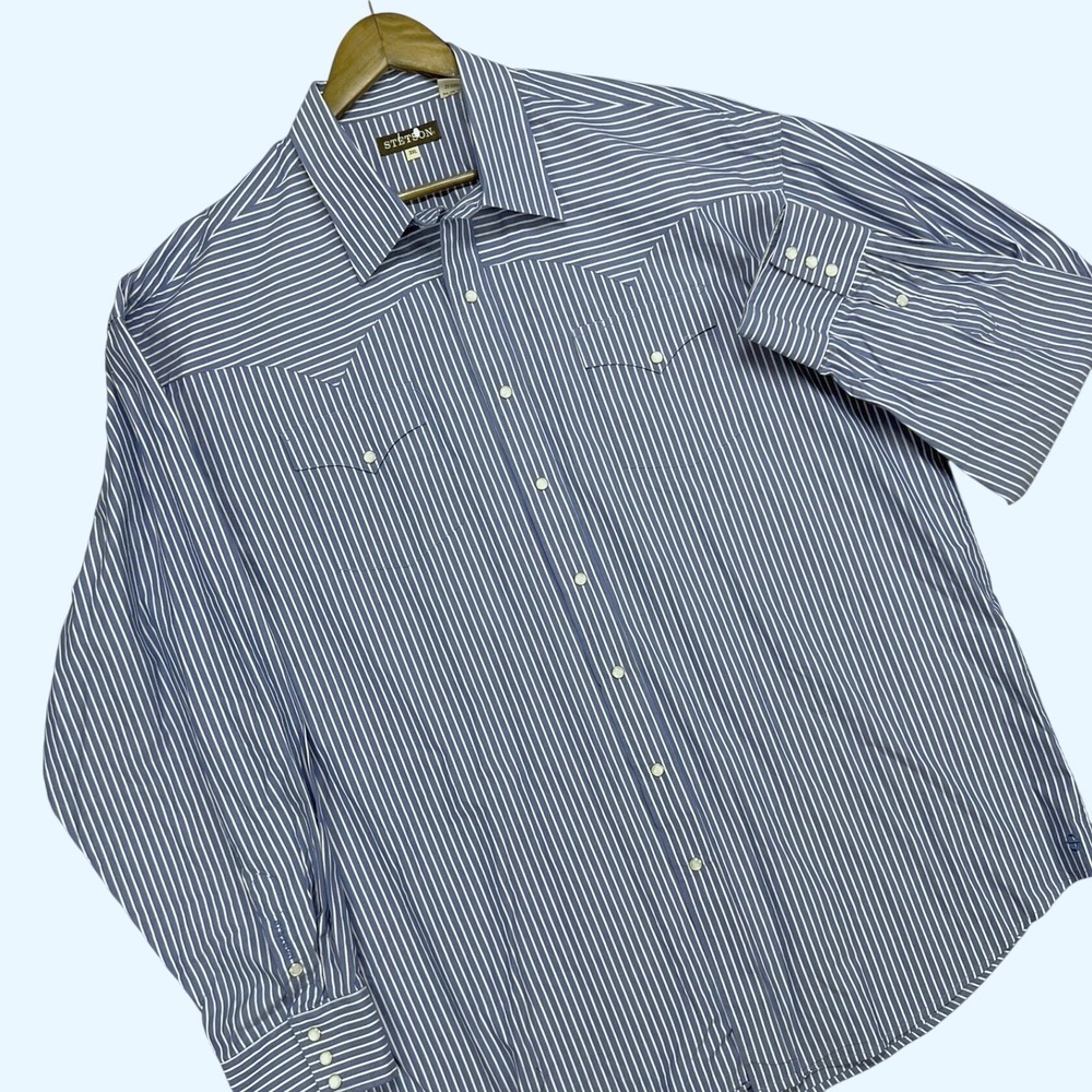 Stetson Mens 3XL Blue White Striped Western Pearl Snap Shirt Long Sleeve Cotton